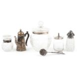 Silver and white metal objects comprising Edwardian silver chocolate pot, three cut glass jars and