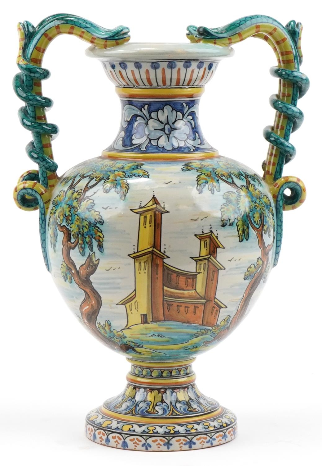 Talevera, large Spanish Maiolica vase with twin serpent handles hand painted with a mythical bird in
