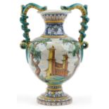 Talevera, large Spanish Maiolica vase with twin serpent handles hand painted with a mythical bird in