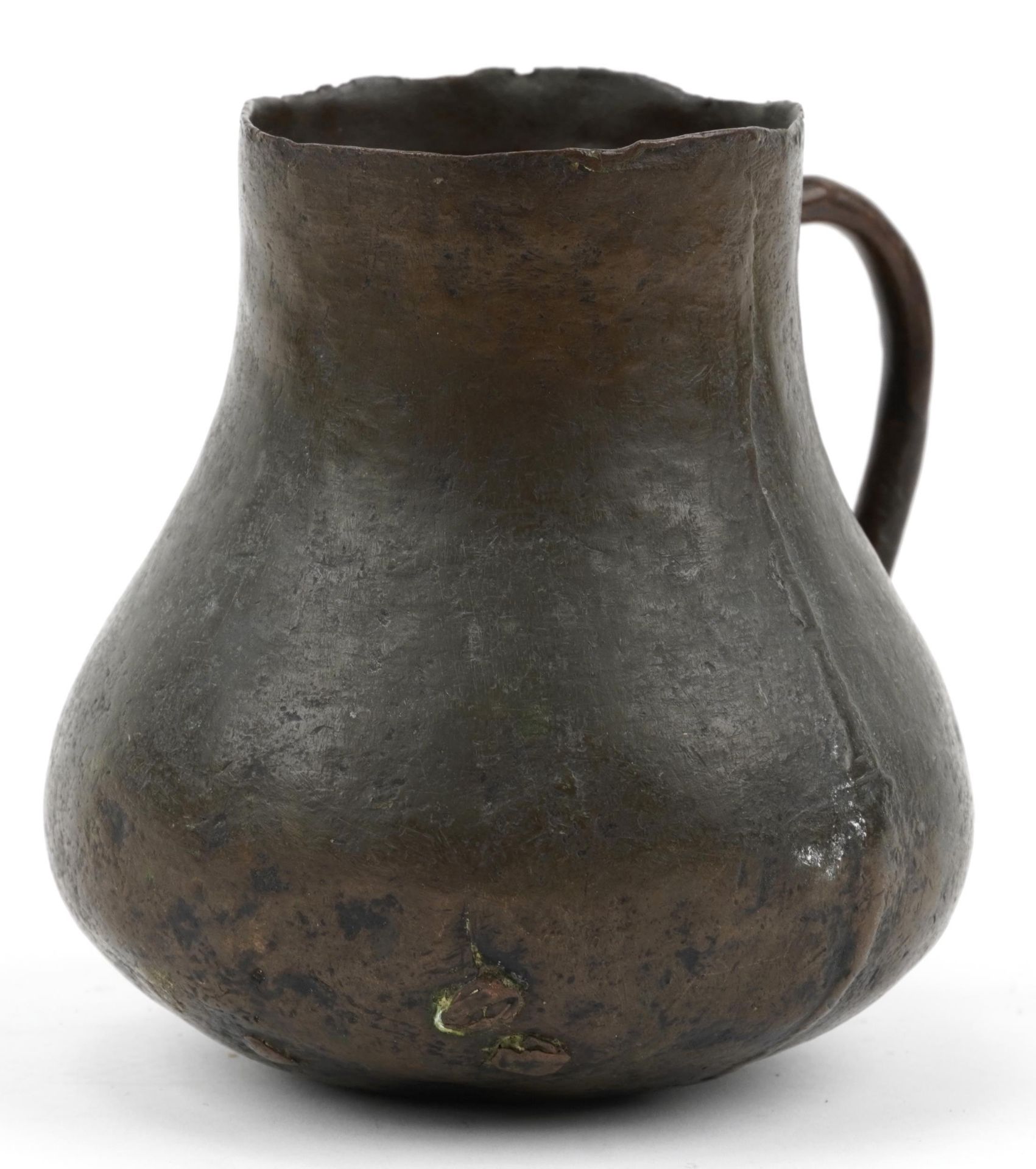 Antique bronze handled cup, possibly medieval, 14cm high : For further information on this lot