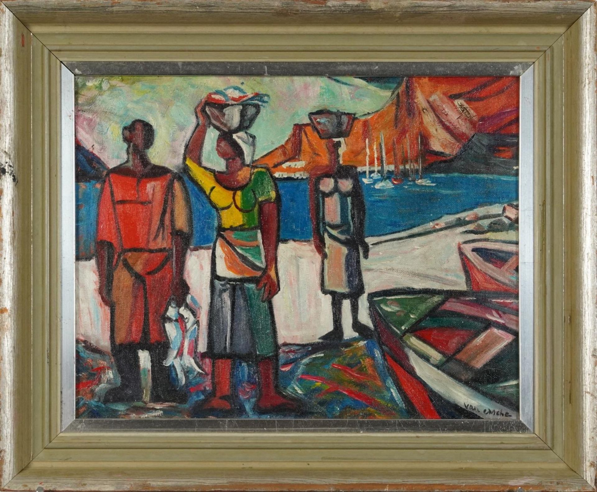 Three figures before a landscape, African school oil on board, mounted and framed, 34cm x 26cm - Image 2 of 5