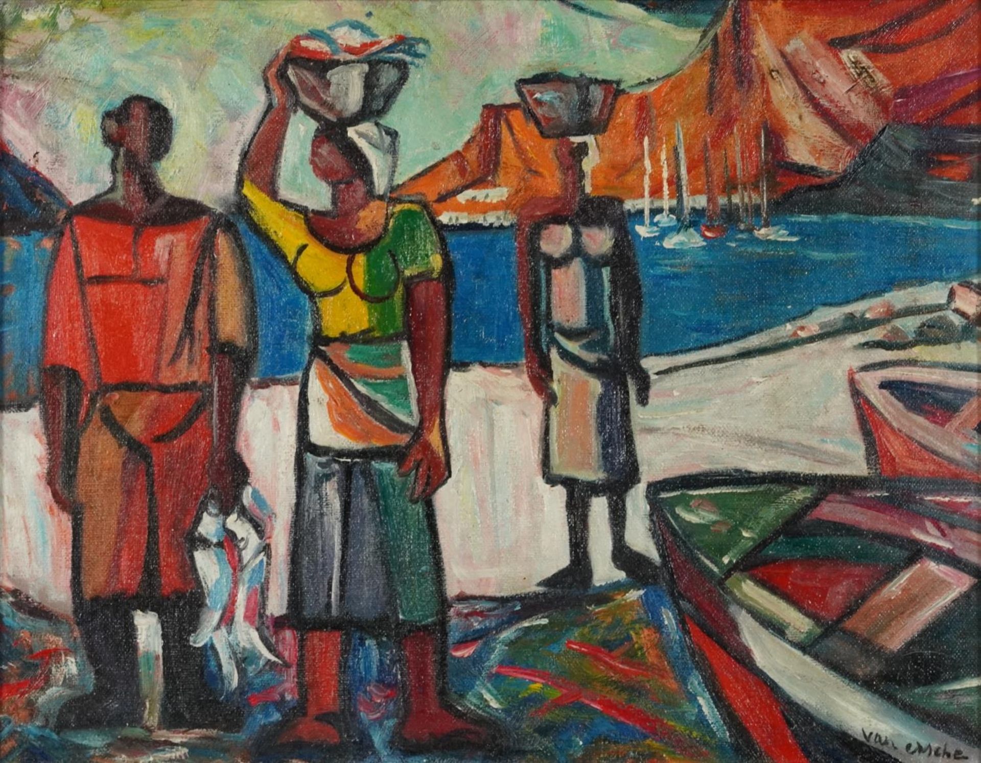Three figures before a landscape, African school oil on board, mounted and framed, 34cm x 26cm