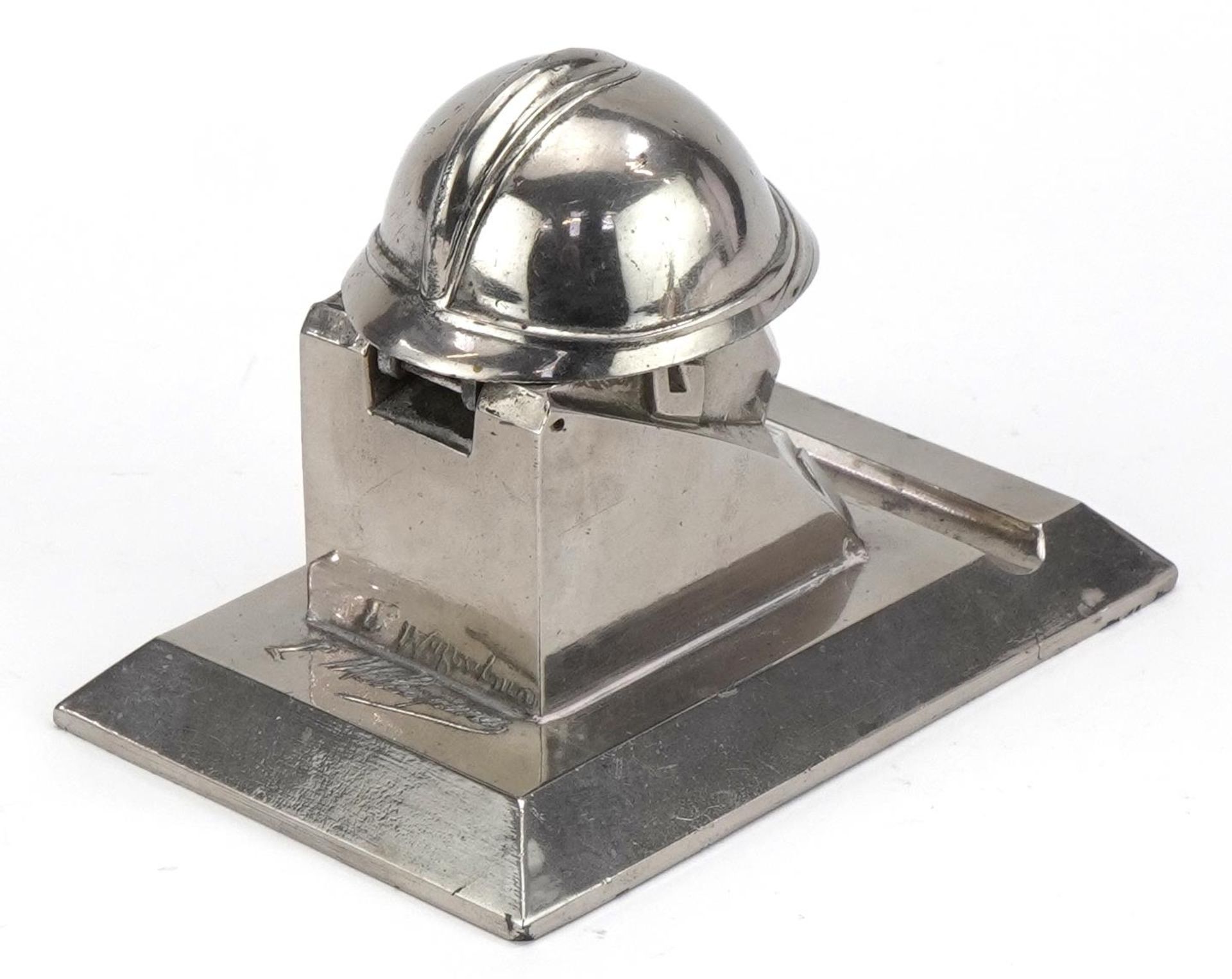 Richer of Paris, vintage French novelty silvered metal desk inkwell in the form of a fireman with - Image 3 of 5