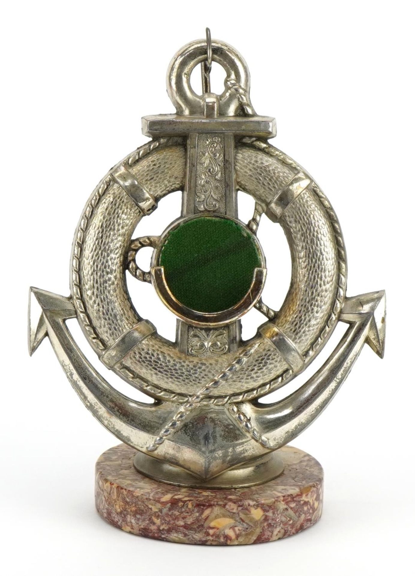 Shipping interest cast metal lifebuoy and anchor pocket watch stand with circular marble base,