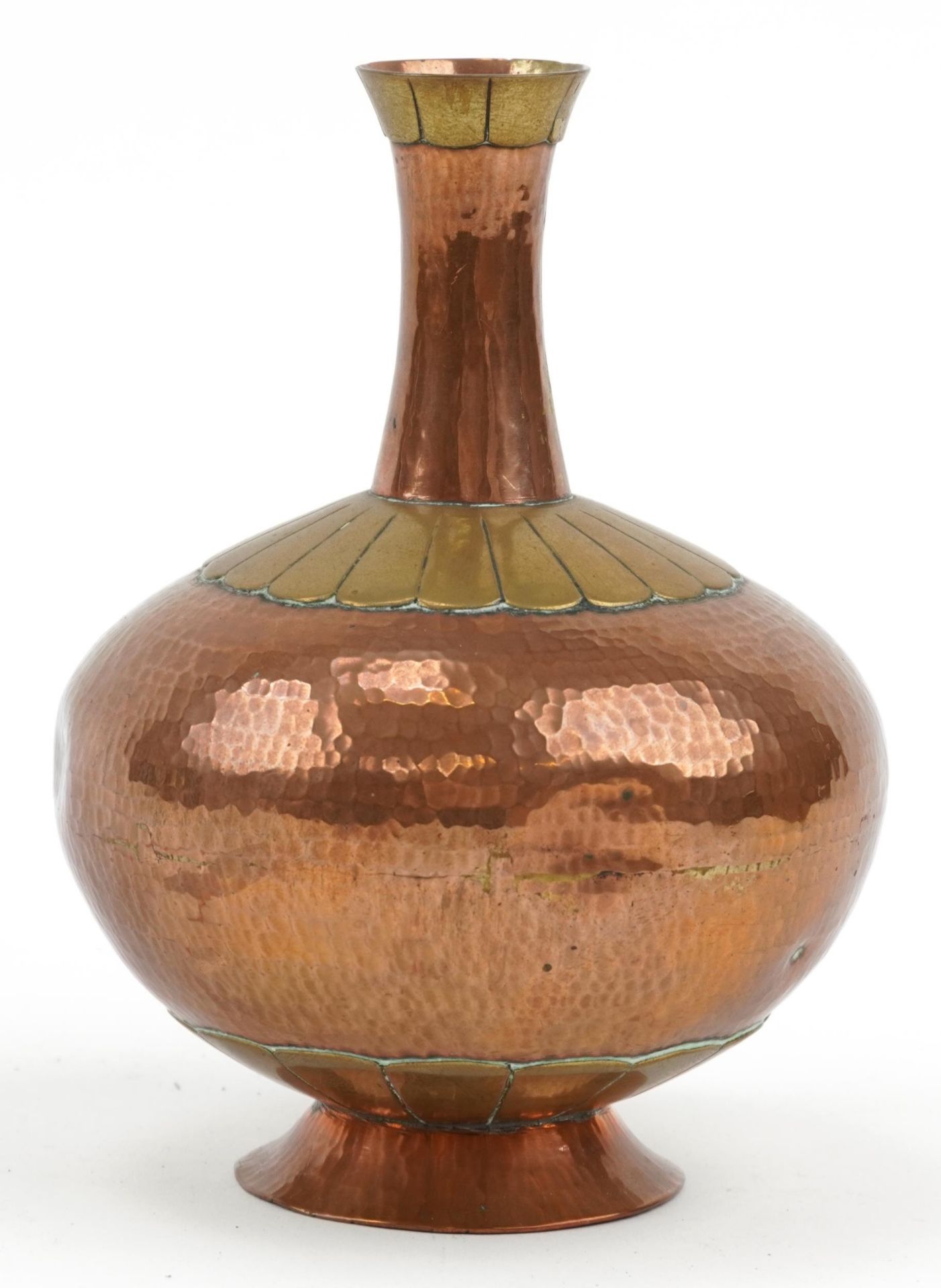 Arts & Crafts style planished copper and brass vase, 15cm high : For further information on this lot
