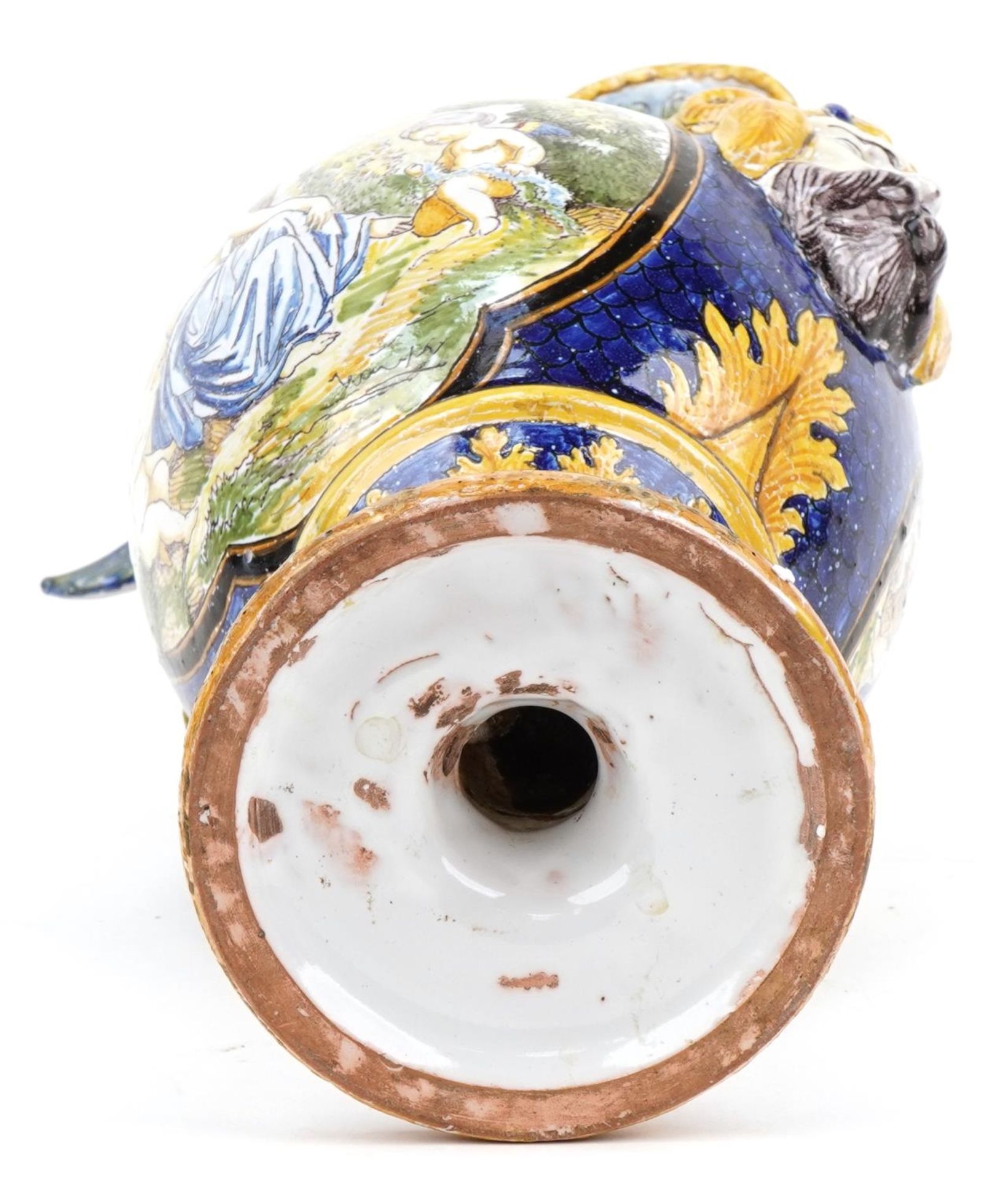 Attributed to Cantagalli, Italian Maiolica ewer with mythical handle and mask, hand painted with - Image 5 of 5
