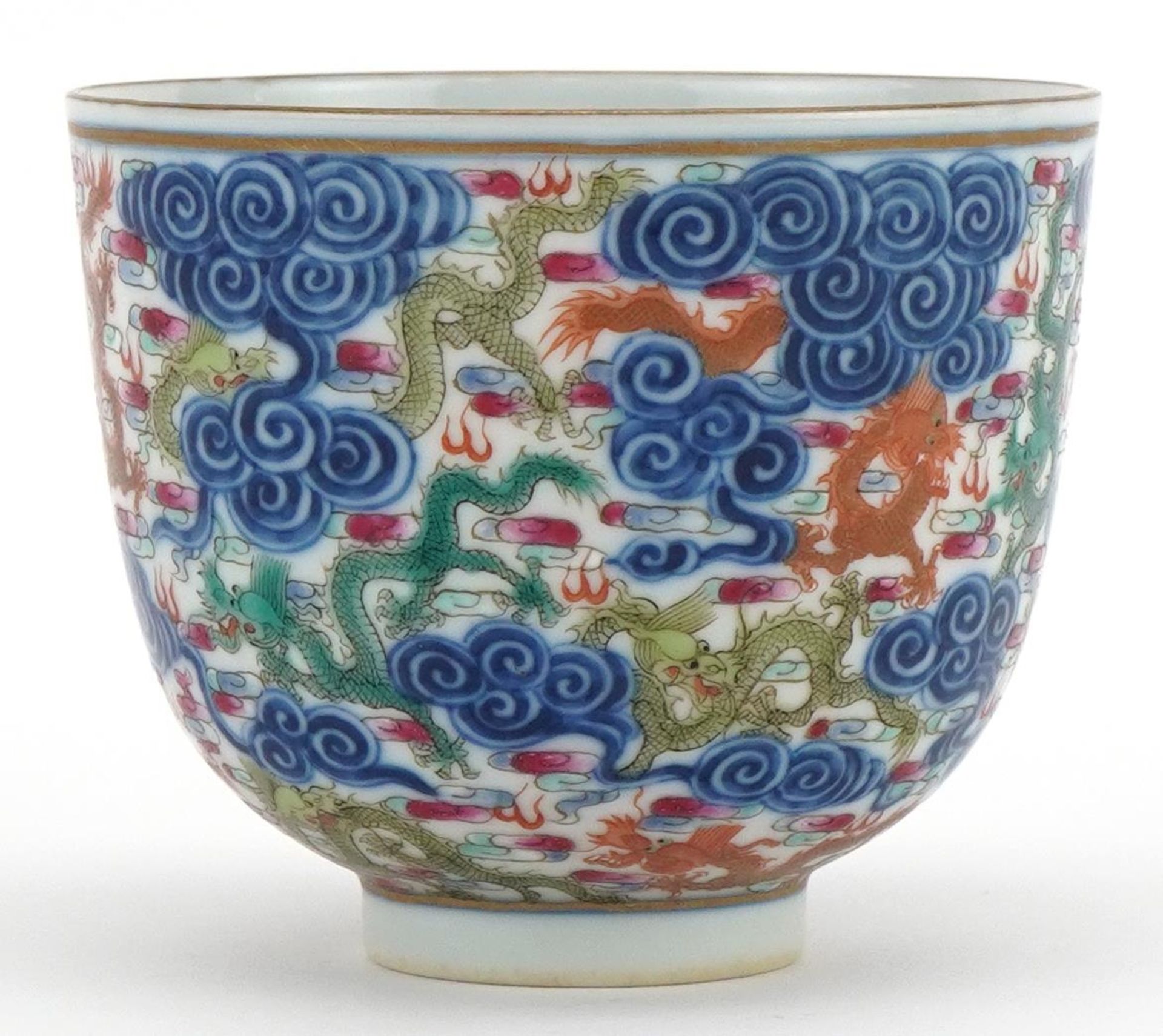 Chinese doucai porcelain tea bowl hand painted with dragons amongst clouds, six figure character - Image 2 of 7