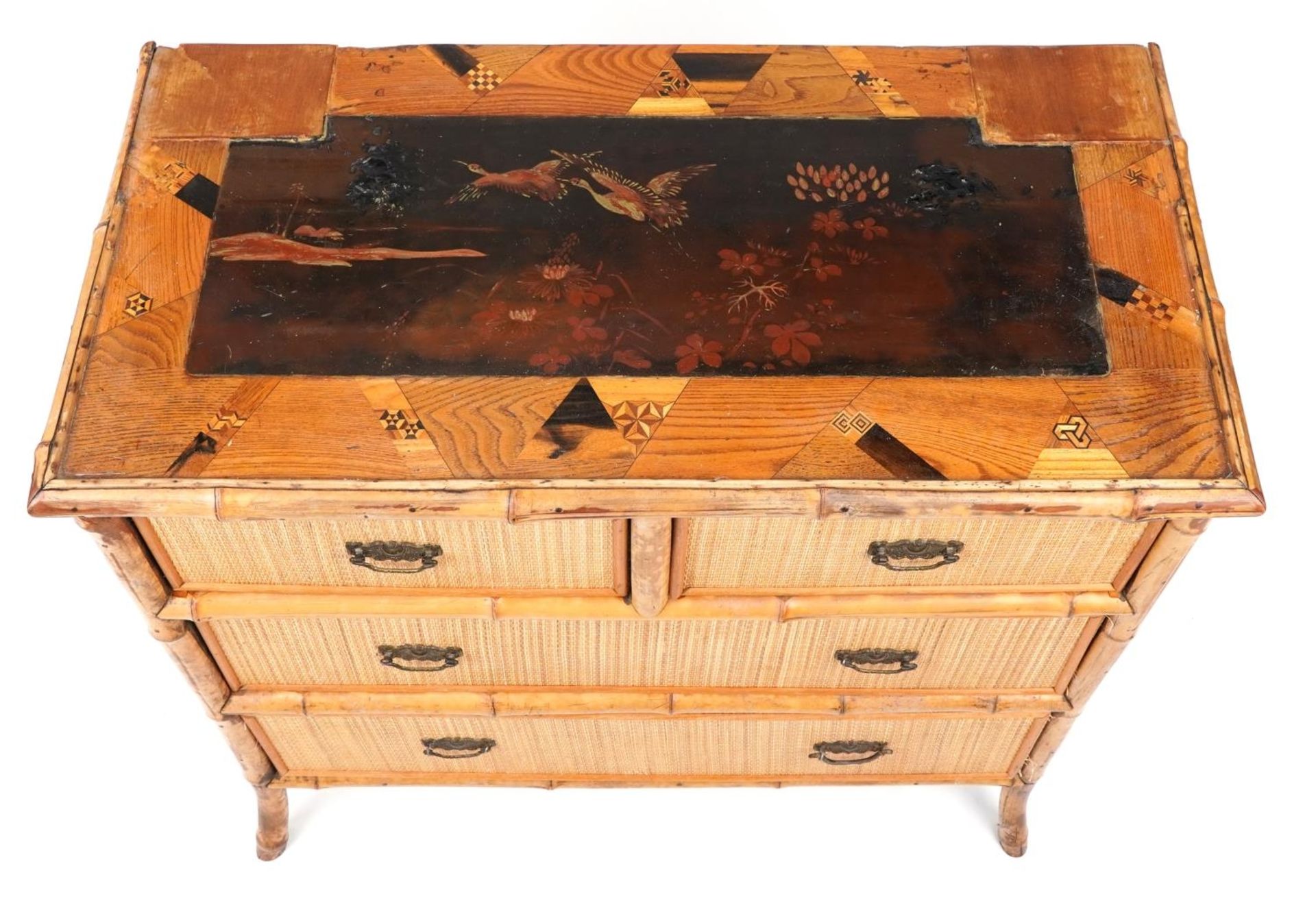 Victorian aesthetic bamboo four drawer chest with Japanned inlaid and lacquered top hand painted - Image 3 of 4
