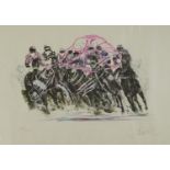 Jockeys on horseback, horseracing interest print in colour, limited edition 139/300, indistinctly