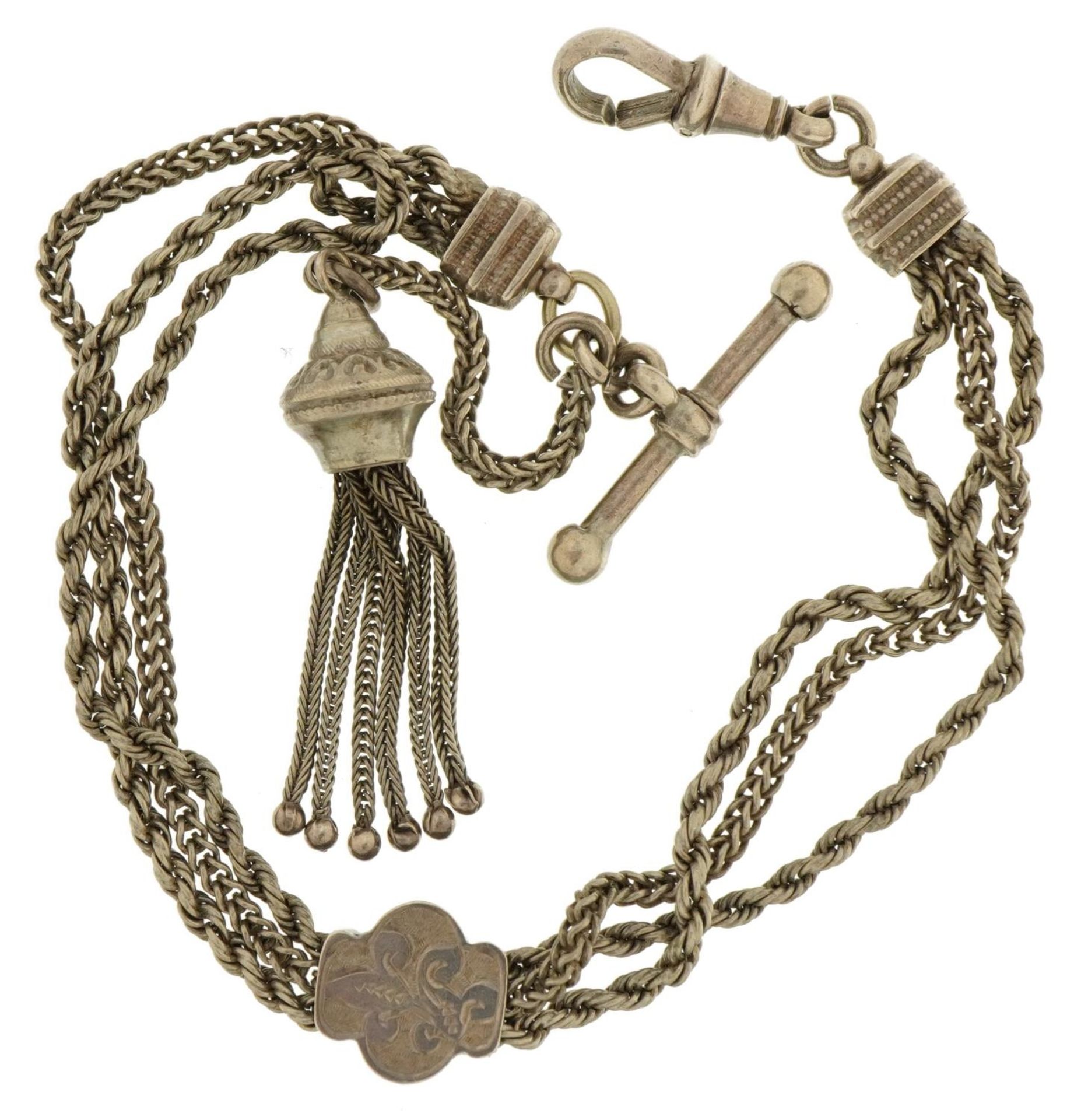 Victorian ladies unmarked silver watch chain with jewellery clasp, T bar and tassel drop, 28cm in - Image 3 of 3