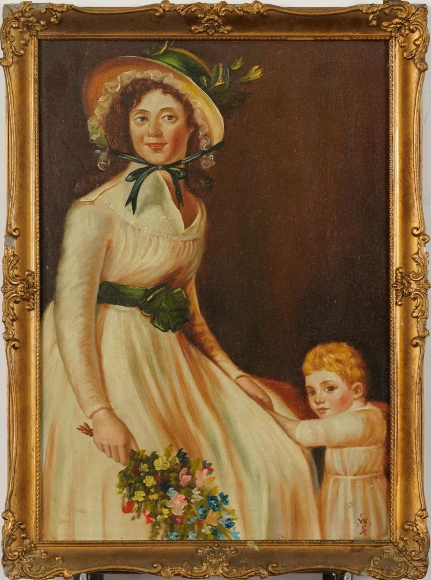 Female and child wearing early 19th century dress, oil on board, framed, 42cm x 29cm excluding the - Image 2 of 4