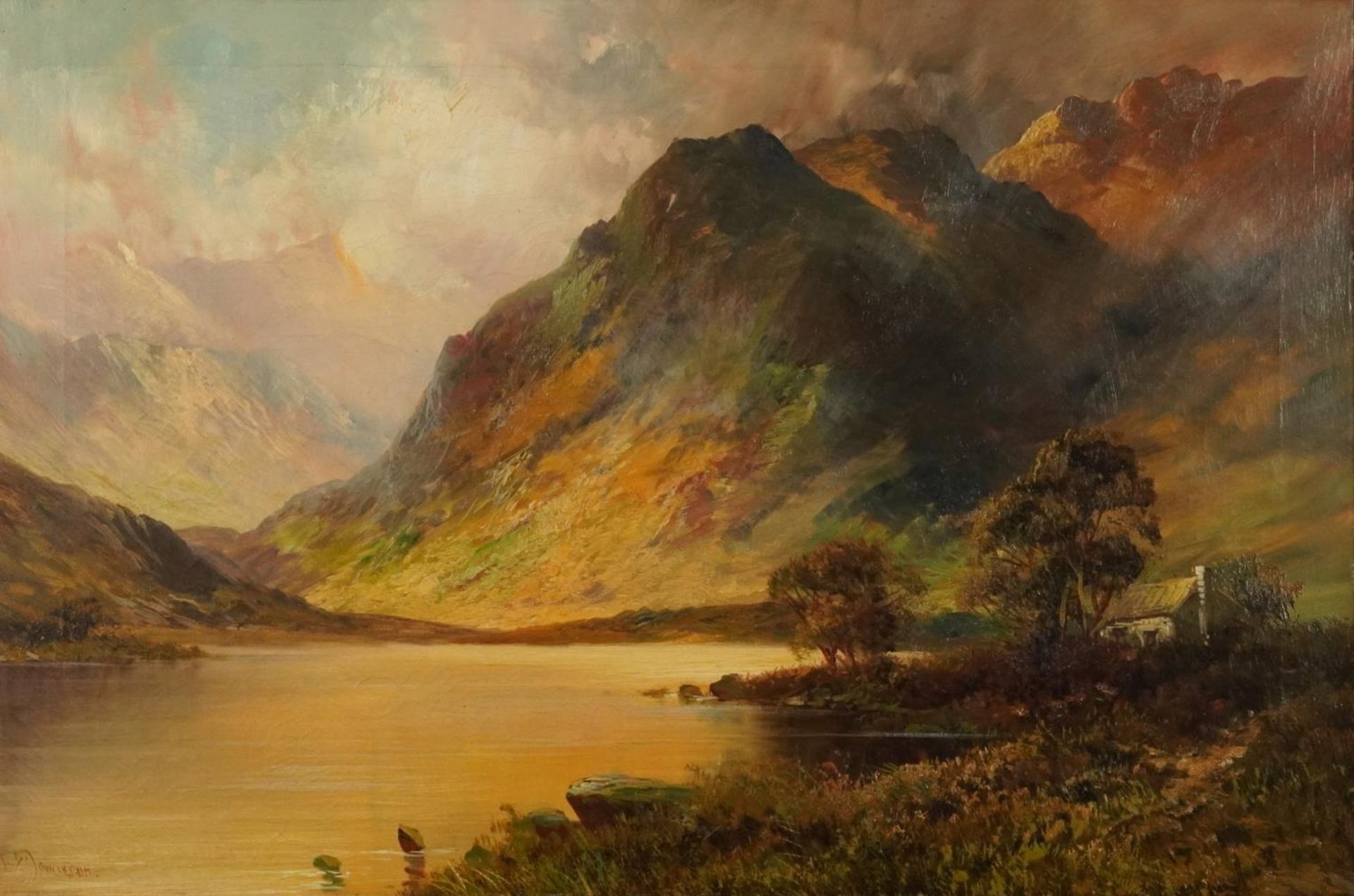 Francis E Jamieson - Mountainous Highland landscape with cottage, 19th century Scottish oil on