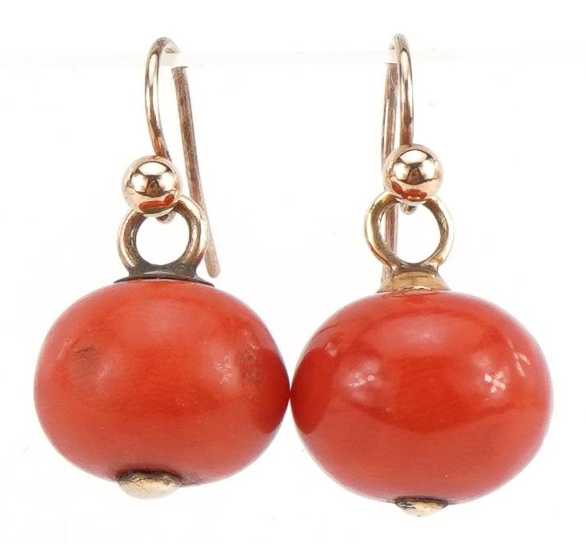 Pair of 9ct gold coral ball drop earrings, 2.2cm high, 4.5g : For further information on this lot