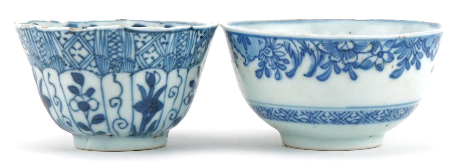 Two Chinese blue and white porcelain tea bowls including one hand painted with panels of flowers and - Image 3 of 6