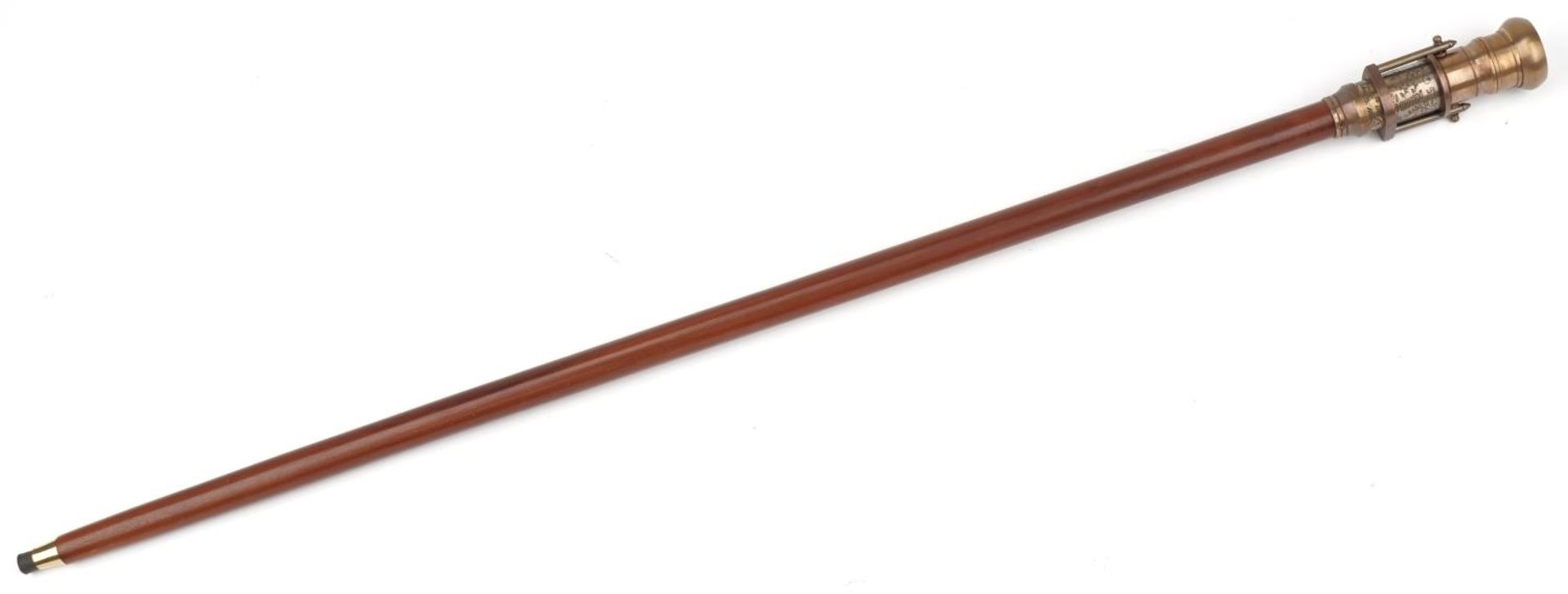 Hardwood walking stick with brass two draw telescope compass handle, 93cm in length : For further - Image 3 of 5