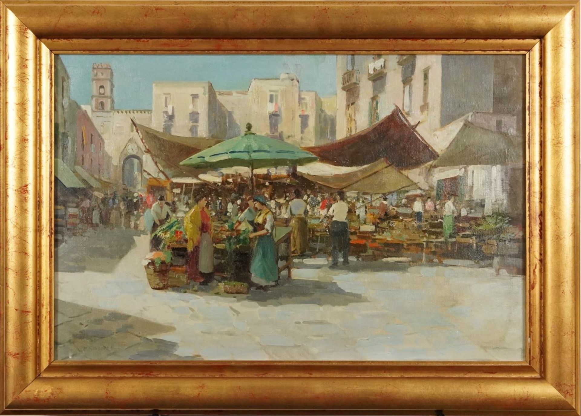 Continental market scenes before buildings, pair of oil on canvasses, one indistinctly signed, - Image 7 of 9