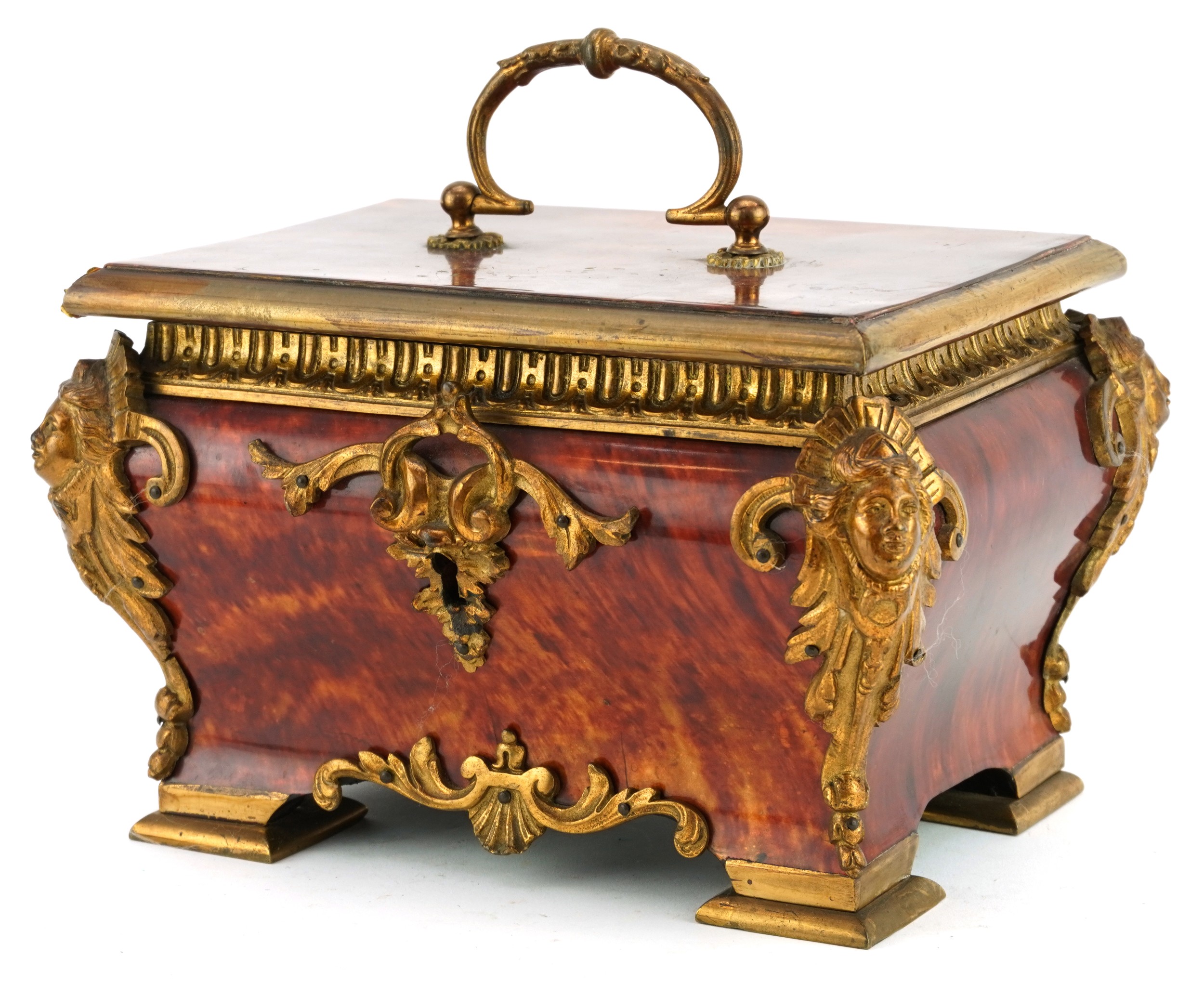 French Napoleon III tortoiseshell coffin casket with ormolu figural and floral mounts, 15cm H x 22cm