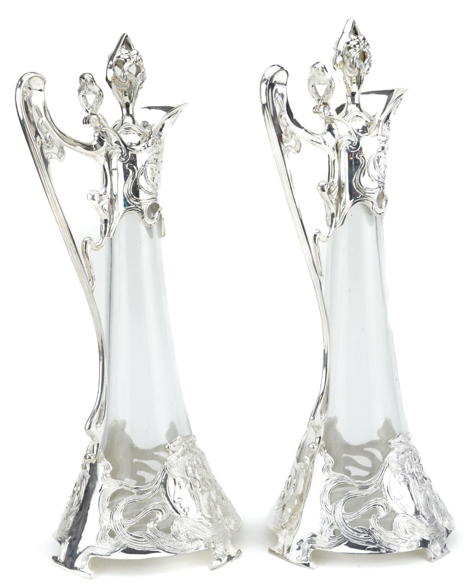 Manner of WMF, pair of Art Nouveau style glass claret jugs with silver plated mounts, each 42.5cm - Image 2 of 4