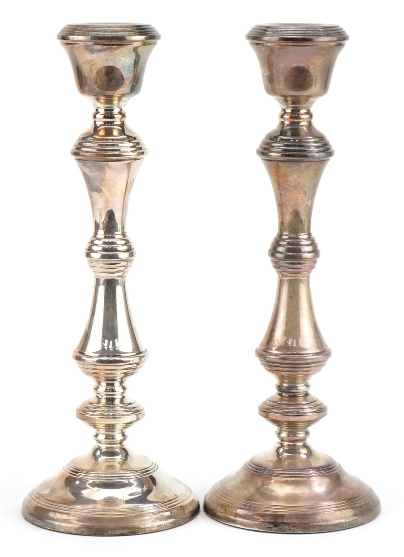 W I Broadway & Co, large pair of Elizabeth II silver filled candlesticks, one with British Petroleum - Image 2 of 4