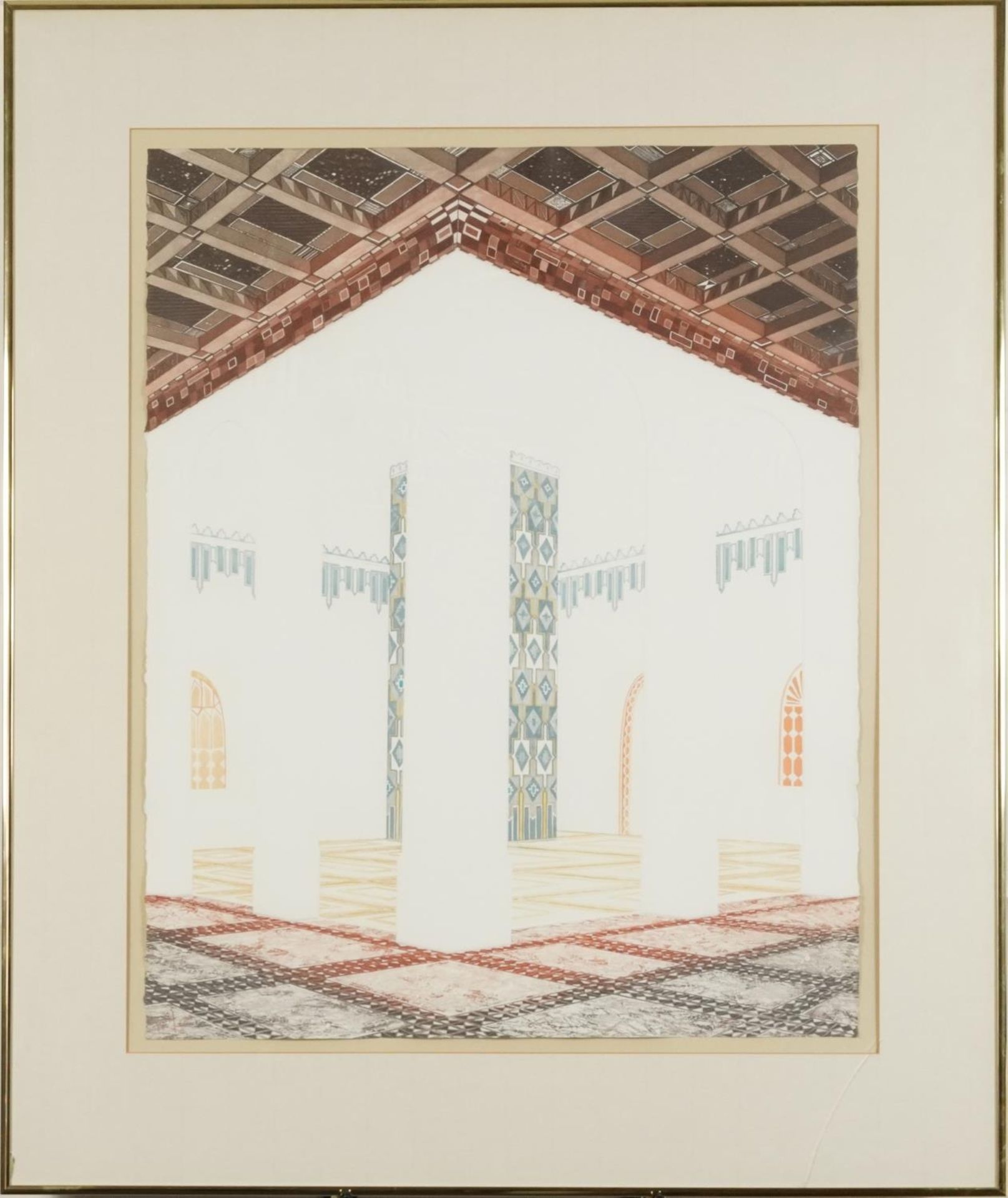 Rima Farah - Geometric interior scene, etching in colour, details verso, mounted, framed and glazed, - Image 2 of 6
