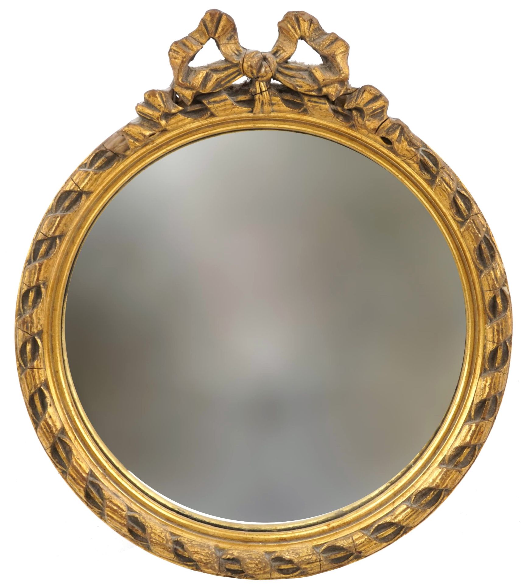 Circular gilt framed convex wall mirror with bow crest, 33cm high : For further information on