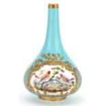 19th century Paris porcelain turquoise ground vase hand painted with a panel with two birds within a