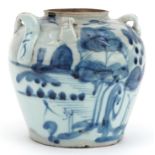 Chinese blue and white porcelain teapot with handles hand painted with flowers and caligraphy,