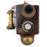 Vintage oak cased railway telephone with Guernsey dial code label, probably Ericsson, 30.5cm
