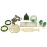 Chinese jade hardstone and Canton mother of pearl including gaming counter on chain and pair of