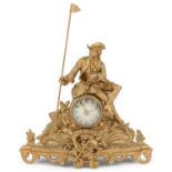 Classical gilt metal figural mantle clock surmounted with a Cavalier having silvered dial with