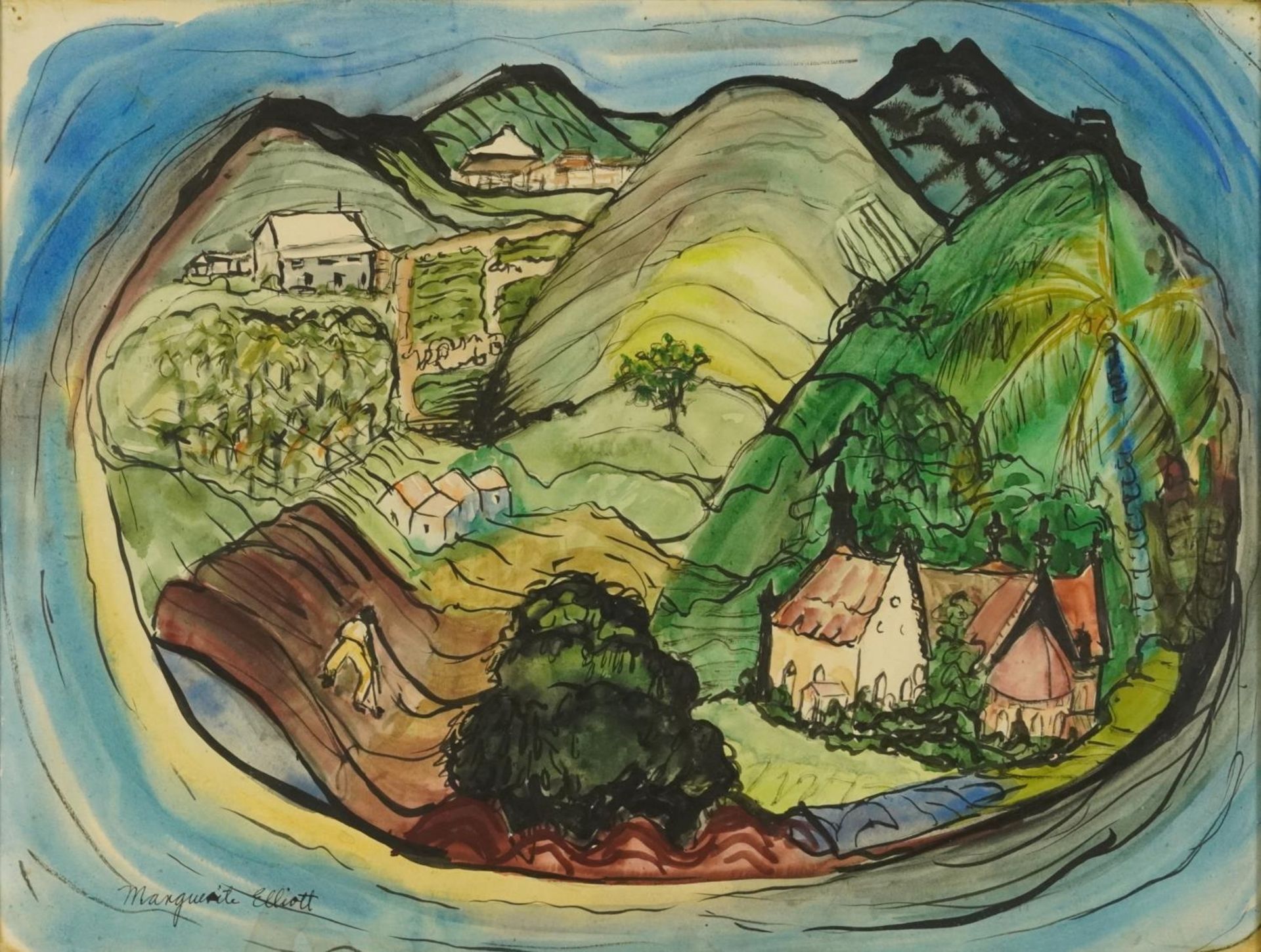 Marguerite Elliott - Surreal landscape with buildings and mountains, ink and watercolour, mounted,