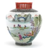 Chinese porcelain vase with pierced iron rim hand painted in the famille rose palette with figures
