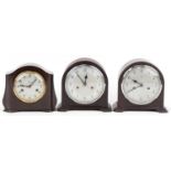 Three Art Deco Smiths Enfield brown Bakelite striking mantle clocks having Arabic numerals, the