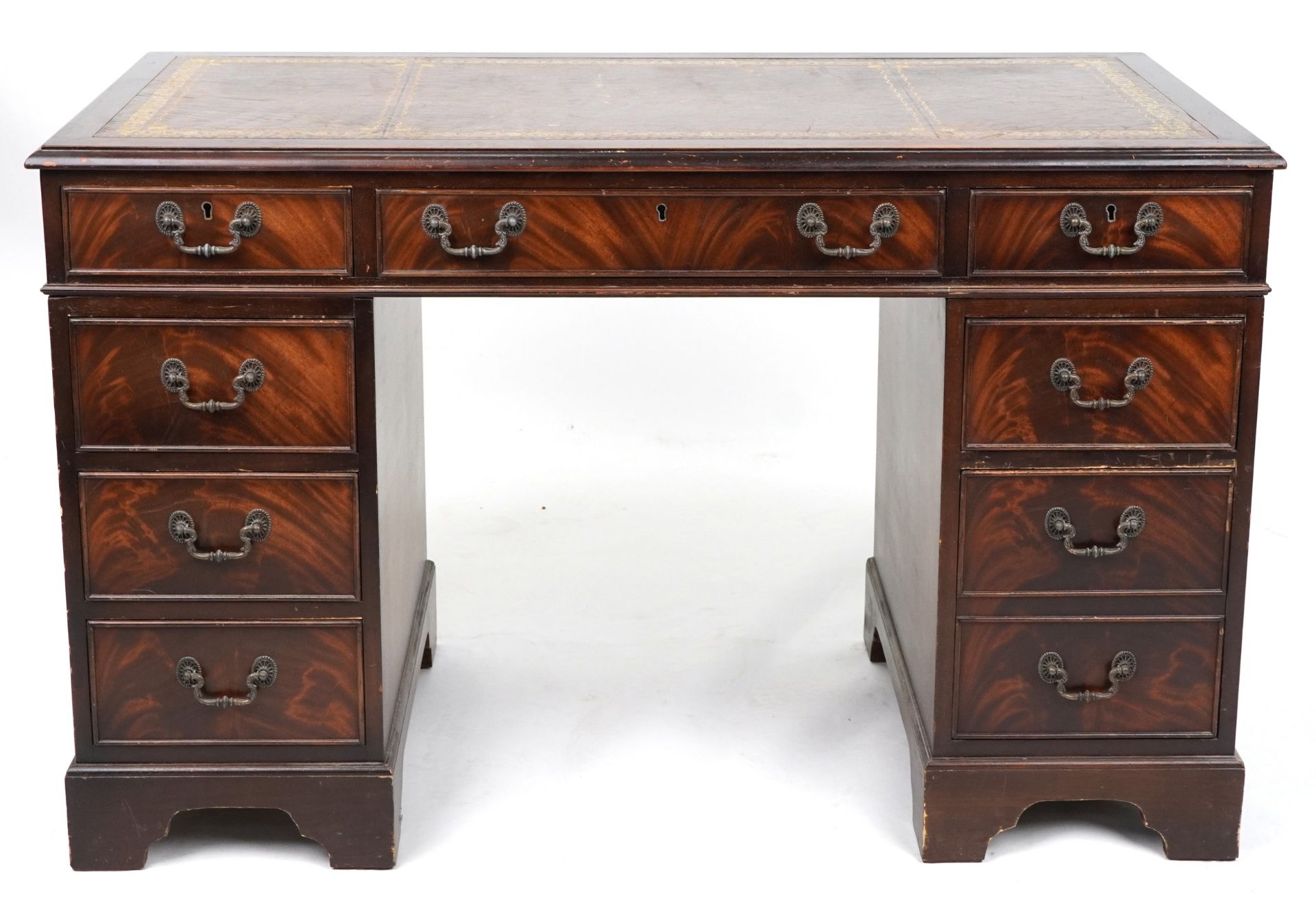Mahogany twin pedestal desk with tooled leather top, 77cm H x 121cm W x 61cm D : For further