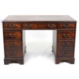 Mahogany twin pedestal desk with tooled leather top, 77cm H x 121cm W x 61cm D : For further