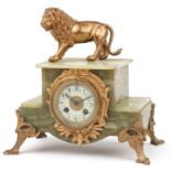 Japy Freres, French 19th century style onyx and gilt metal mantle clock surmounted with a lion,