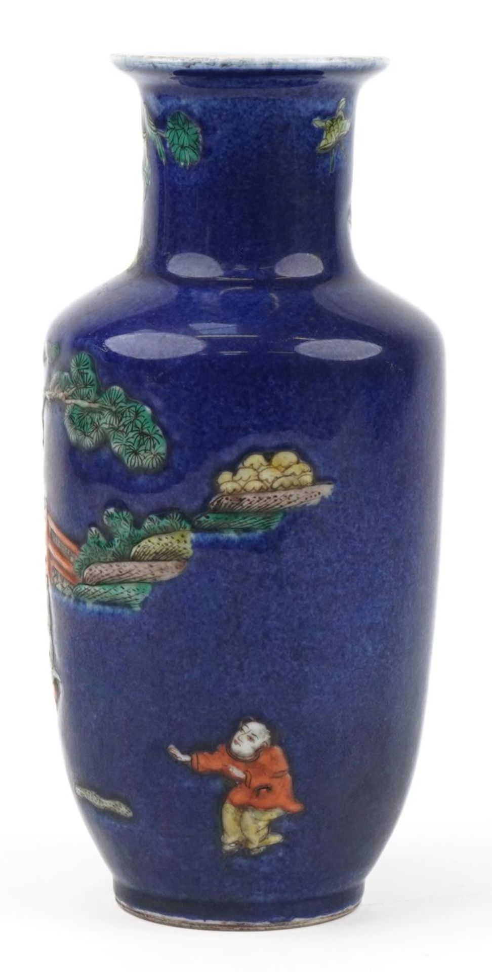 Chinese powder blue ground porcelain Rouleau vase hand painted in the famille verte palette with - Image 2 of 6
