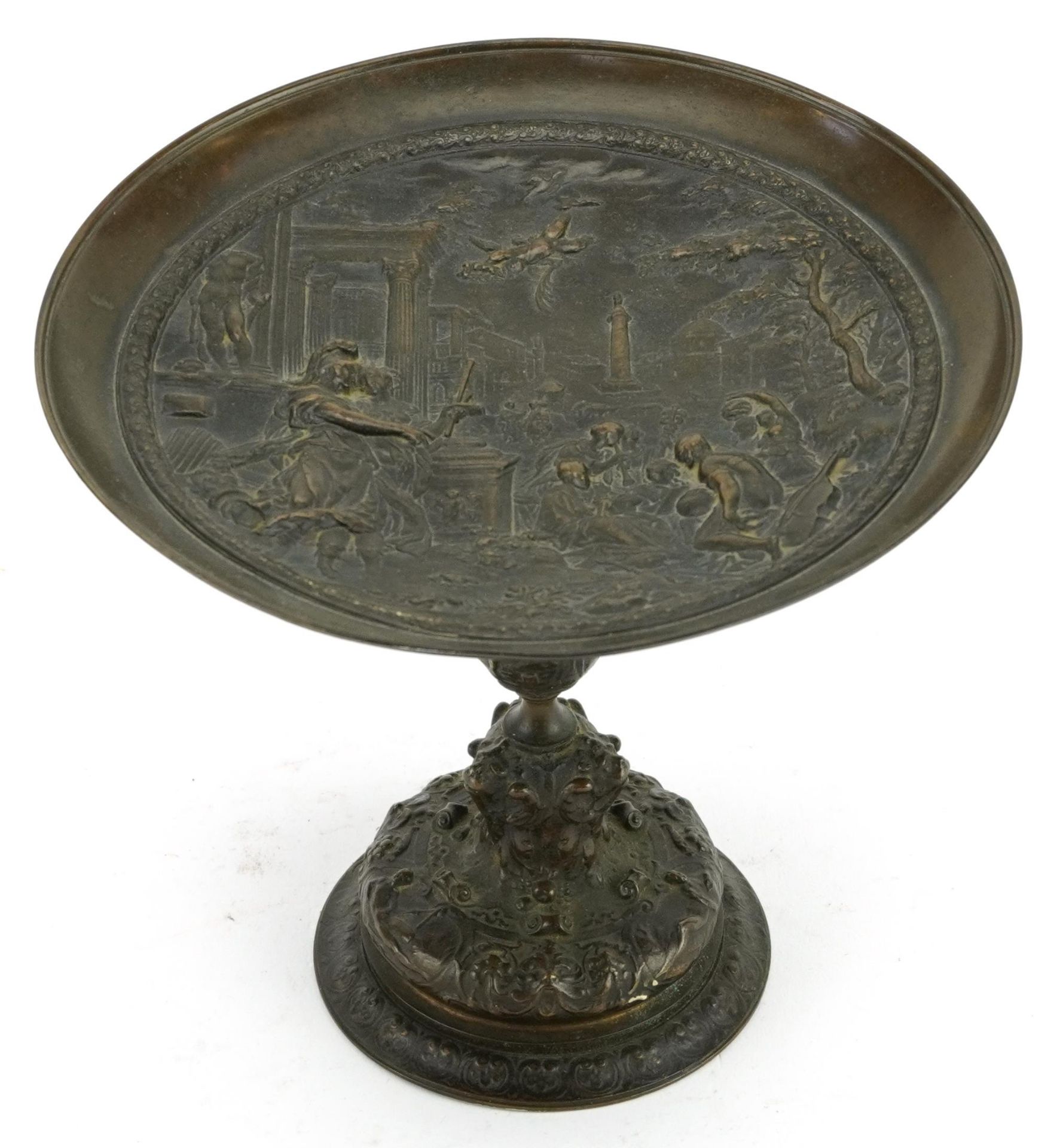 19th century Grand Tour patinated bronze comport cast in relief with classical figures and Putti, - Image 2 of 4