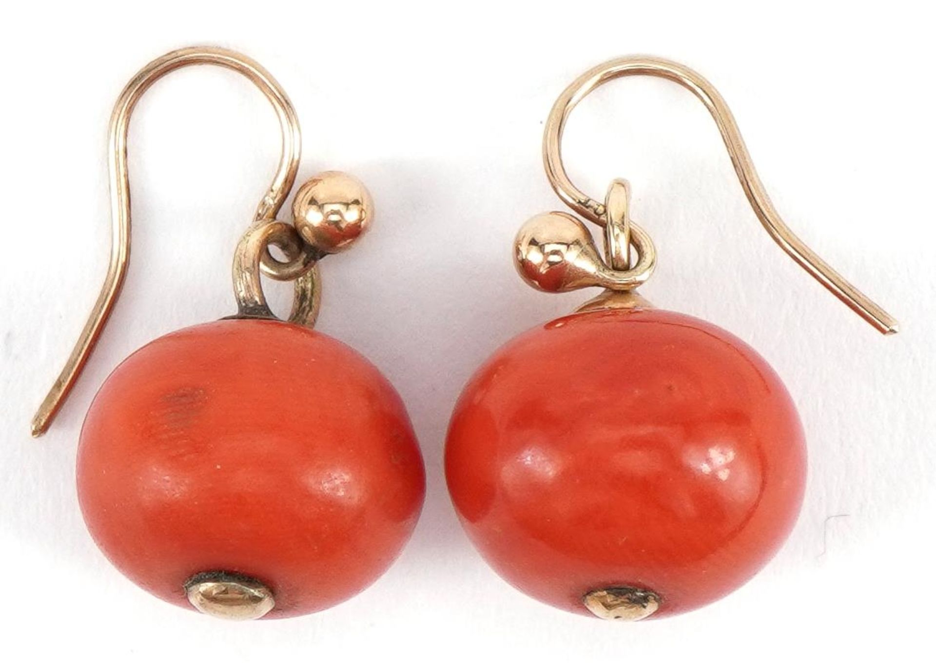 Pair of 9ct gold coral ball drop earrings, 2.2cm high, 4.5g : For further information on this lot - Image 2 of 2