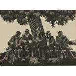 Clare Leighton - Beer Drinkers, woodcut/lithograph, mounted, framed and glazed, 13cm x 9.5cm