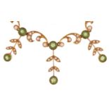 Victorian 15ct gold peridot and pearl Belcher link necklace with barrel clasp, 39cm in length, 13.0g