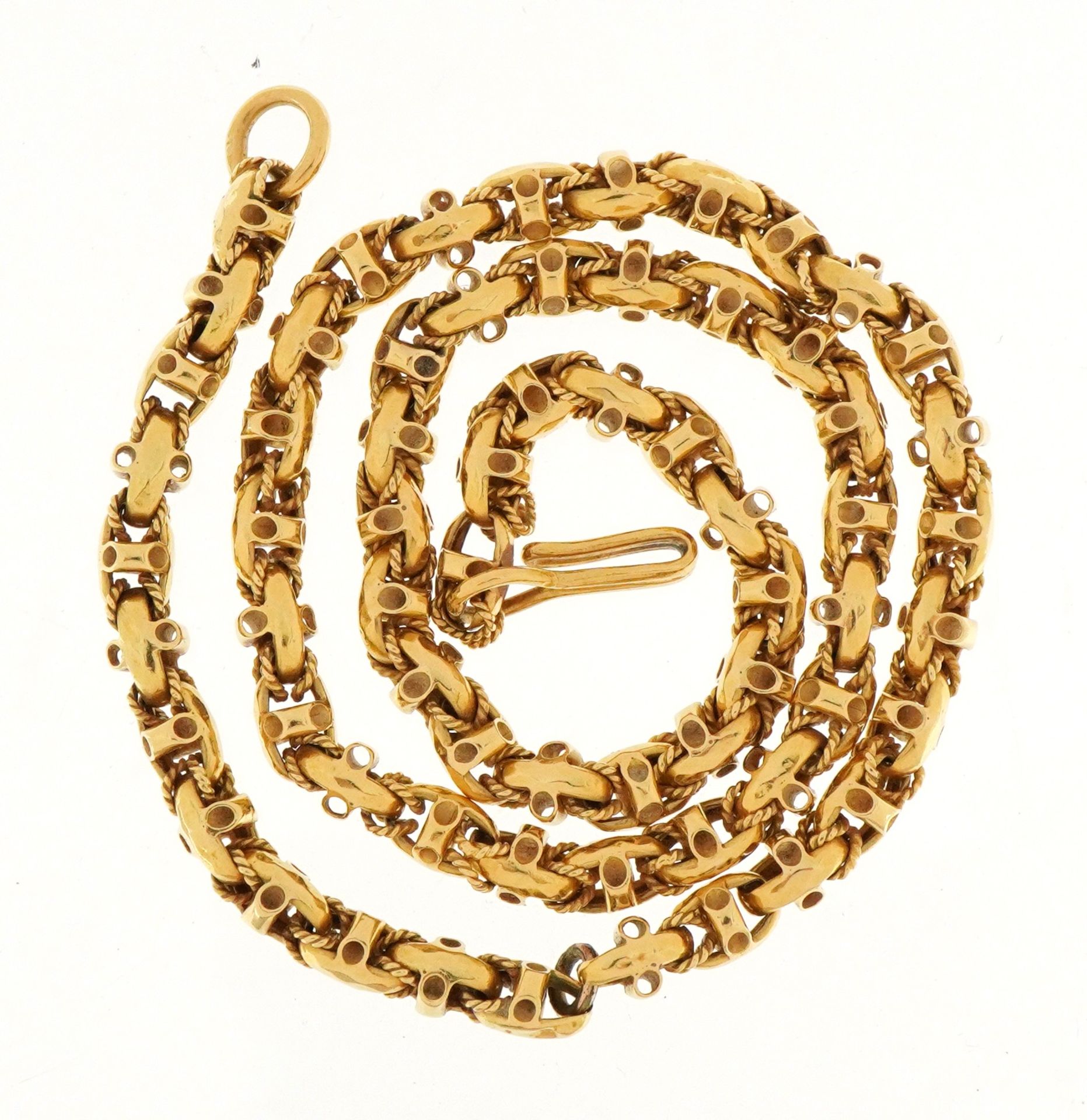 Unmarked gold fancy link necklace, tests as 18ct gold, 41cm in length, 20.9g : For further - Image 2 of 2