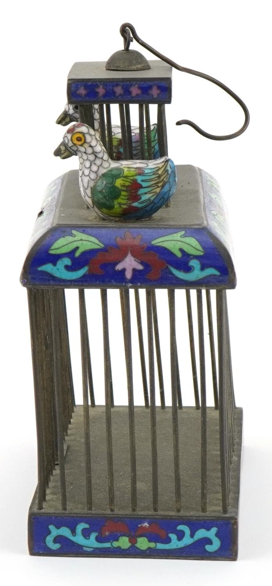 Chinese white metal and cloisonne cricket cage surmounted with two ducks, 18cm H x 15cm W x 7.5cm - Image 3 of 7