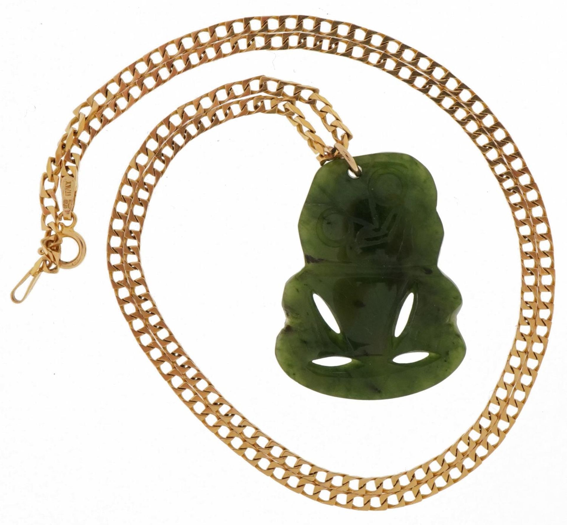 Carved spinach jade tiki pendant on 9ct gold curb link necklace, 3.0cm high and 45.5cm in length, - Image 2 of 5