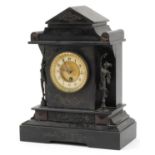 Victorian black slate and marble mantle clock surmounted with two patinated bronze Greek gods, the