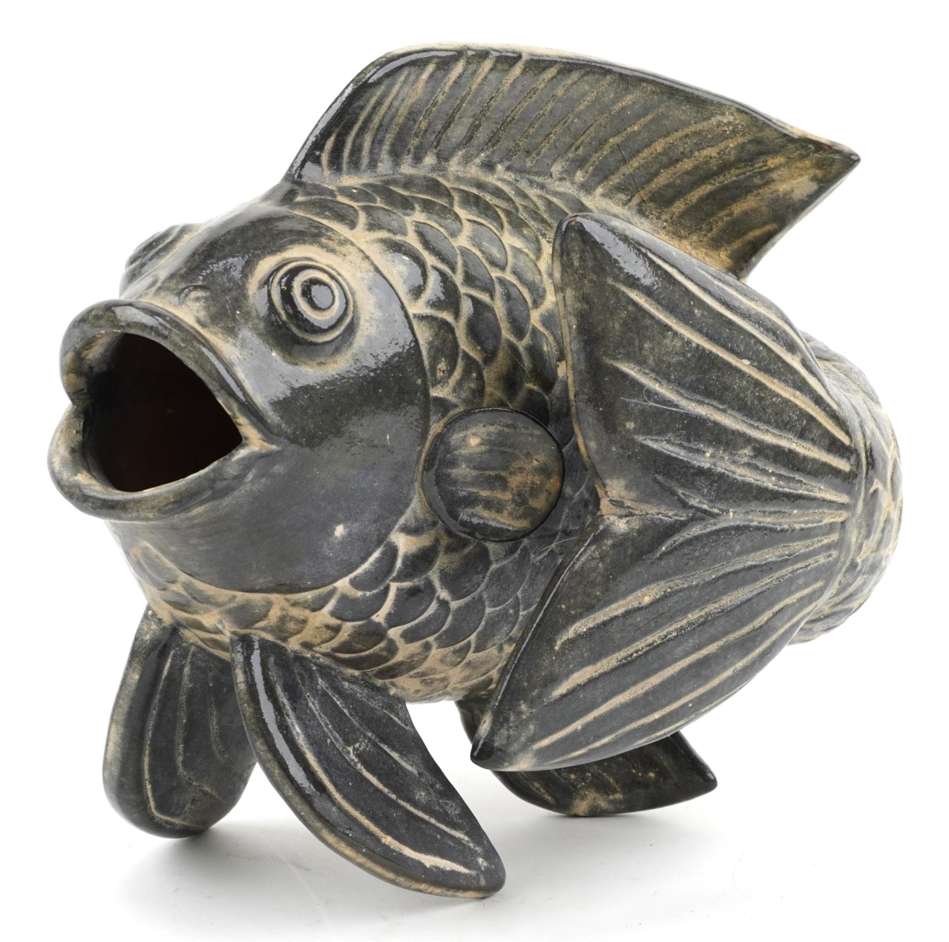 Continental pottery vase in the form of a stylised fish, 28cm high : For further information on this - Image 4 of 6