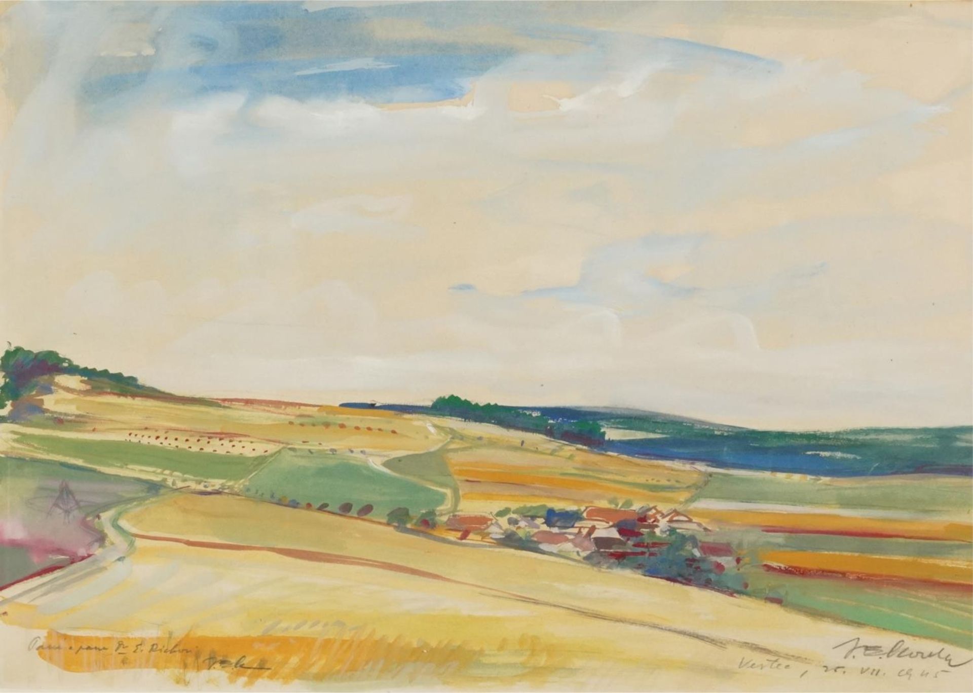 Panoramic rural landscape, watercolour, indistinctly signed and inscribed, mounted, framed and