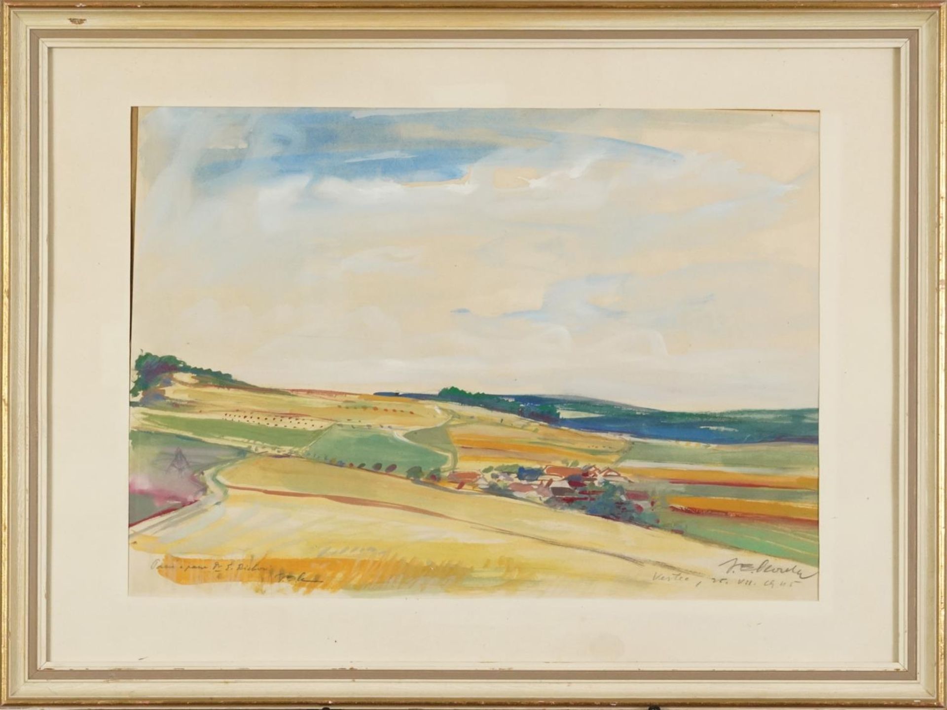Panoramic rural landscape, watercolour, indistinctly signed and inscribed, mounted, framed and - Image 2 of 6