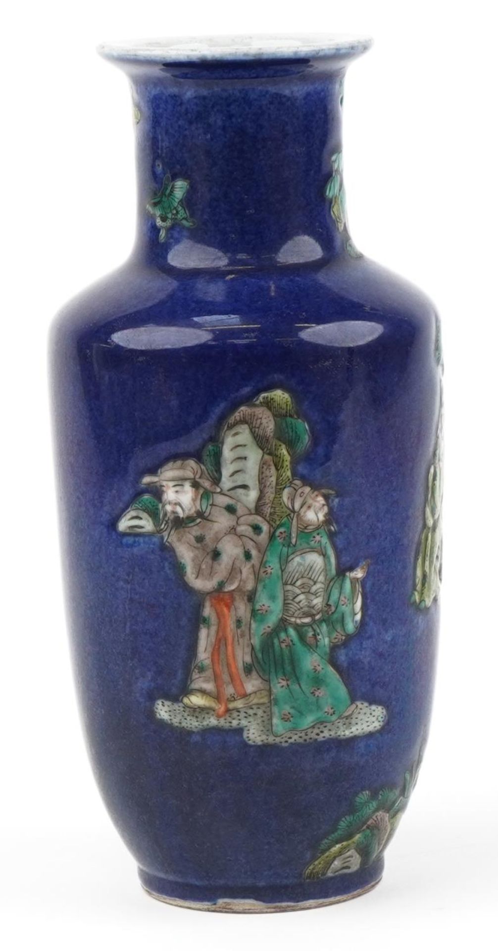 Chinese powder blue ground porcelain Rouleau vase hand painted in the famille verte palette with - Image 4 of 6