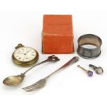Silver objects comprising napkin ring, fork, love heart hook and spoon with enamel crest, together